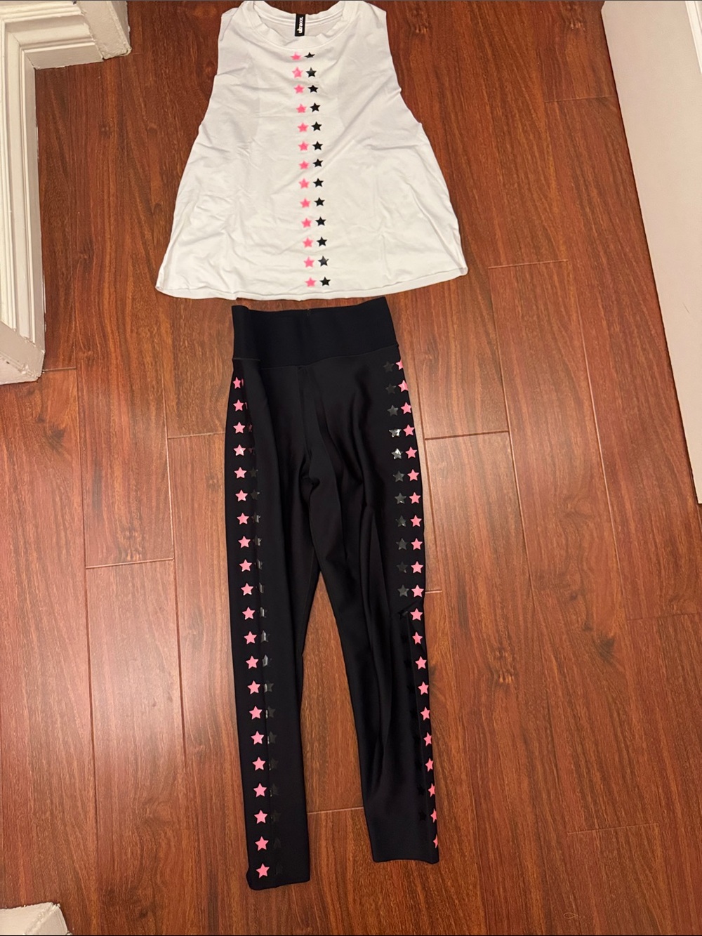 ultracor White Tank with Pink and Black Star Accent & Matching Leggings Set, S